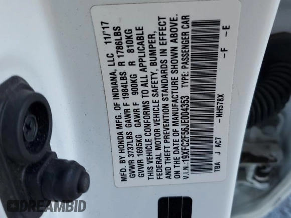 2018 Honda Civic Sedan LX with VIN 19XFC2F56JE004353, listed as a Copart auction lot 49499755 with 83,465 mi miles and Salvage Title. Bid and sale history available at carsss.com. Image 12.