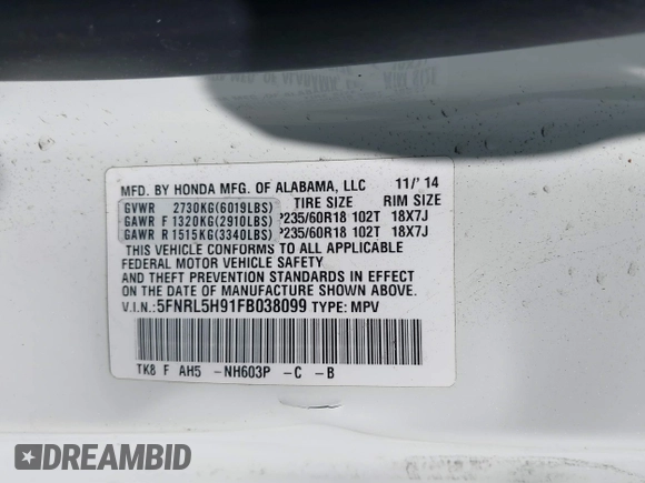 2015 Honda Odyssey Touring Elite with VIN 5FNRL5H91FB038099, listed as a IAAI auction lot 41829649 with 167,017 mi miles and . Bid and sale history available at DreamBid. Image 9.