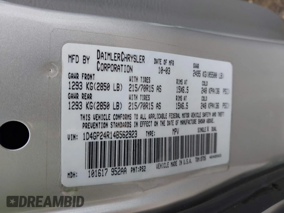 2004 Dodge Caravan SE with VIN 1D4GP24R14B562923, listed as a IAAI auction lot 41157893 with 169,040 mi miles. Bid and sale history available at carsss.com. Image 9.