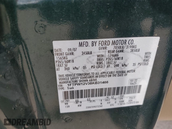 2008 Ford F-150 XLT with VIN 1FTPW12V38KB31466, listed as a Copart auction lot 54138665 with 133,029 mi miles and Salvage title. Bid and sale history available at DreamBid. Image 12.