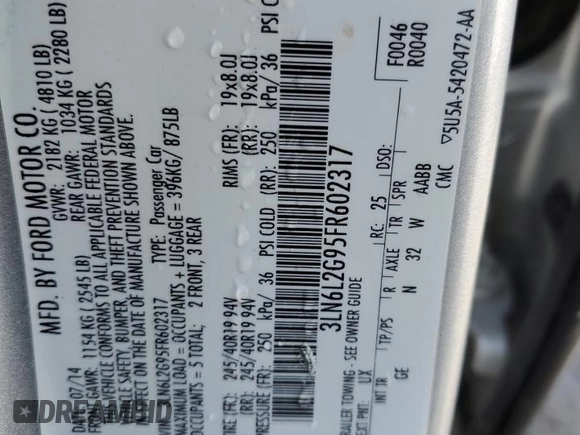 2015 Lincoln MKZ with VIN 3LN6L2G95FR602317, listed as a Copart auction lot 50933695 with 94,147 mi miles and Salvage Title. Bid and sale history available at carsss.com. Image 13.