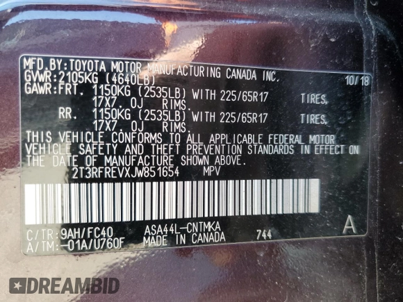 2018 Toyota RAV4 XLE with VIN 2T3RFREVXJW851654, listed as a Copart auction lot 48961055 with 166,664 mi miles and Salvage Title. Bid and sale history available at DreamBid. Image 13.