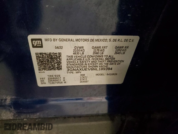 2022 Chevrolet Equinox LT with VIN 3GNAXUEV6NL189394, listed as a Copart auction lot 60070455 with 25,039 mi miles and Salvage title. Bid and sale history available at DreamBid. Image 13.