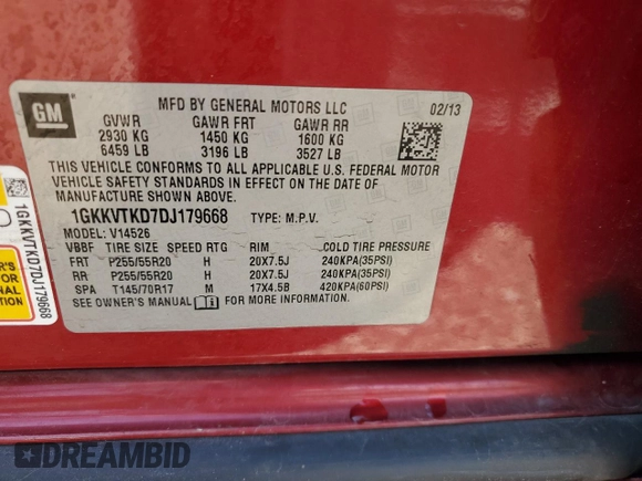 2013 GMC Acadia Denali z VIN 1GKKVTKD7DJ179668, wystawiony jako Copart lot #56689705 z przebiegiem 150 602 mil mil oraz Szkoda całkowita • Salvage title. Historia ofert i sprzedaży dostępna na DreamBid. Obrazek 13.