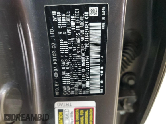 2018 Honda Clarity Plug-In Hybrid Touring with VIN JHMZC5F37JC008754, listed as a Copart auction lot 66001854 with 96,436 mi miles and Salvage Title. Bid and sale history available at carsss.com. Image 12.