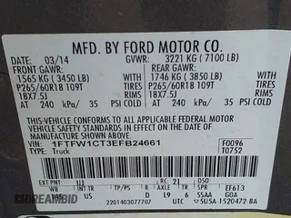 2014 Ford F-150 XL with VIN 1FTFW1CT3EFB24661, listed as a IAAI auction lot 42016408 with 186,888 mi miles and . Bid and sale history available at DreamBid. Image 9.