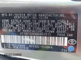 2005 Toyota Camry LE with VIN 4T1BF32K25U603812, listed as a IAAI auction lot 41740671 with 242,316 mi miles and . Bid and sale history available at DreamBid. Image 9.