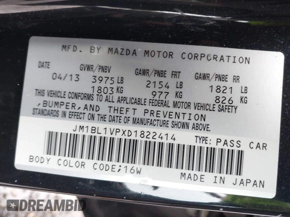 2013 Mazda 3 i Touring z VIN JM1BL1VPXD1822414, wystawiony jako IAAI lot #41526923 z przebiegiem 101 825 mil mil oraz . Historia ofert i sprzedaży dostępna na DreamBid. Obrazek 9.
