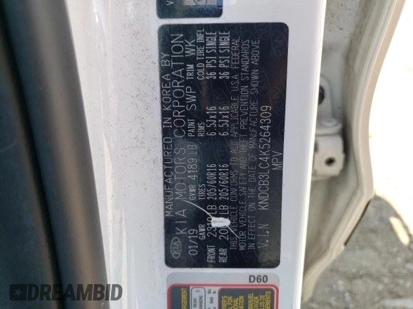 2019 Kia Niro LX with VIN KNDCB3LC4K5264309, listed as a Copart auction lot 60022744 with 36,949 mi miles and Salvage Title. Bid and sale history available at DreamBid. Image 14.