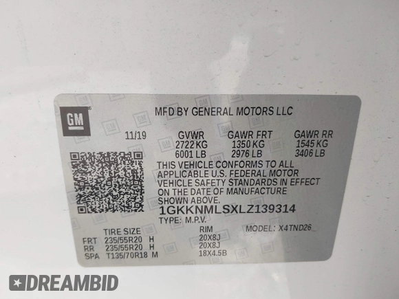 2020 GMC Acadia SLT with VIN 1GKKNMLSXLZ139314, listed as a IAAI auction lot 41573802 with 39,343 mi miles and . Bid and sale history available at DreamBid. Image 9.