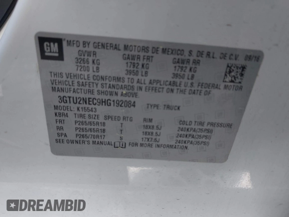 2017 GMC Sierra 1500 SLT z VIN 3GTU2NEC9HG192084, wystawiony jako IAAI lot #42000576 z przebiegiem 91 403 mil mil oraz . Historia ofert i sprzedaży dostępna na DreamBid. Obrazek 9.