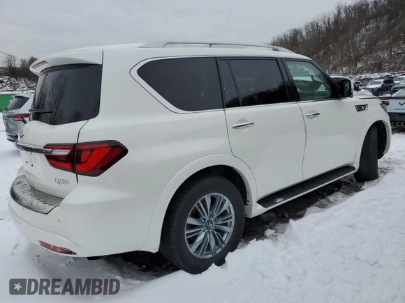 2024 Infiniti QX80 LUXE with VIN JN8AZ2AE4R9328082, listed as a Copart auction lot 45181285 with 27,999 mi miles and Salvage Title. Bid and sale history available at carsss.com. Image 3.