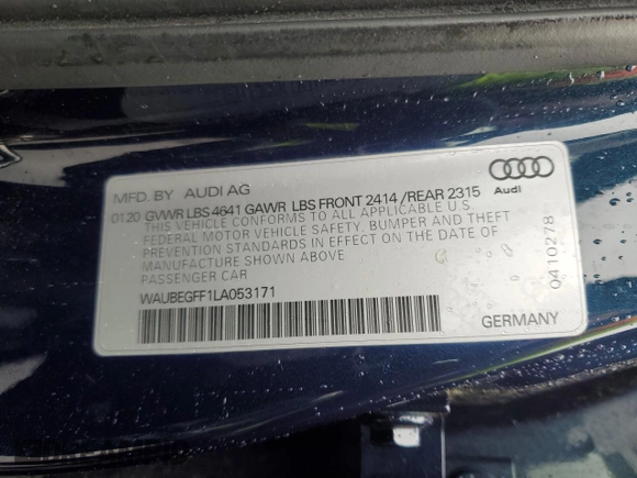 2020 Audi A3 Sedan S line Premium with VIN WAUBEGFF1LA053171, listed as a Copart auction lot 54050194 with 33,318 mi miles and Salvage Title. Bid and sale history available at carsss.com. Image 15.