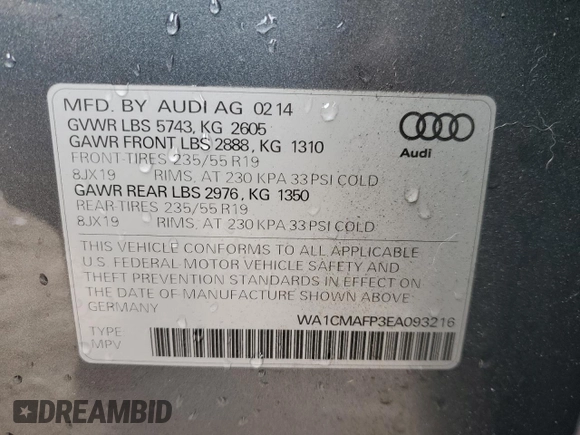 2014 Audi Q5 Premium Plus z VIN WA1CMAFP3EA093216, wystawiony jako Copart lot #50207415 z przebiegiem 52 781 mil mil oraz Szkoda całkowita • Salvage title. Historia ofert i sprzedaży dostępna na DreamBid. Obrazek 13.