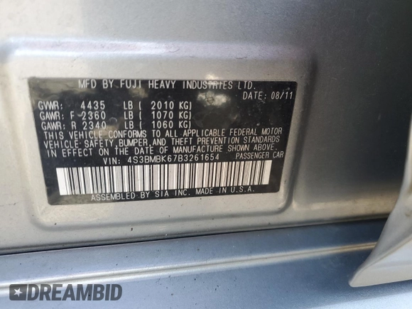2011 Subaru Legacy Limited Power Moon с VIN 4S3BMBK67B3261654, выставлен на аукционе Copart как лот 50247615 с пробегом 95 011 миль миль и Списание • Salvage title. История ставок и продаж доступна на DreamBid. Изображение 12.