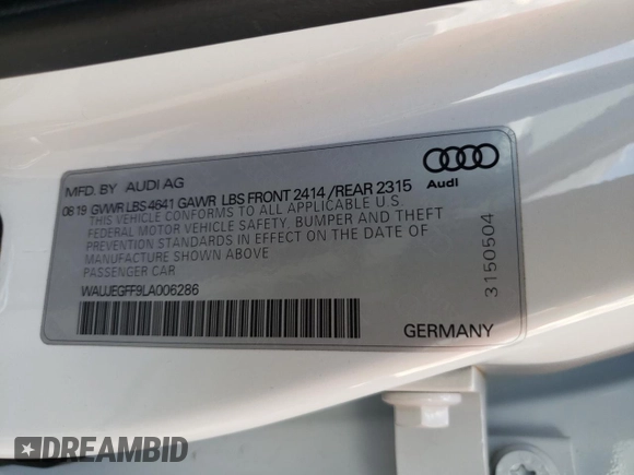 2020 Audi A3 Sedan S line Premium Plus with VIN WAUJEGFF9LA006286, listed as a Copart auction lot 57950474 with 47,274 mi miles and Salvage Title. Bid and sale history available at carsss.com. Image 12.