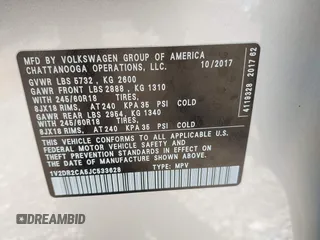 2018 Volkswagen Atlas SE with VIN 1V2DR2CA5JC533628, listed as a IAAI auction lot 40849747 with 109,838 mi miles and . Bid and sale history available at DreamBid. Image 9.