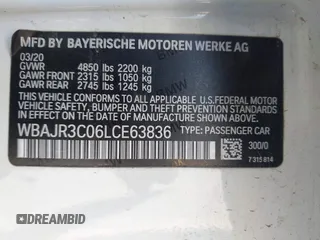 2020 BMW 5 Series 530i with VIN WBAJR3C06LCE63836, listed as a IAAI auction lot 41845186 with 54,559 mi miles and . Bid and sale history available at DreamBid. Image 9.