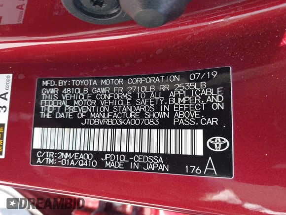 2019 Toyota Mirai with VIN JTDBVRBD3KA007083, listed as a IAAI auction lot 42172756 with 59,270 mi miles and . Bid and sale history available at carsss.com. Image 9.