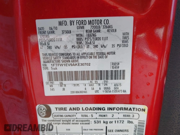 2010 Ford F-150 XL with VIN 1FTFW1EV9AKE30702, listed as a IAAI auction lot 41761578 with 177,281 mi miles. Bid and sale history available at carsss.com. Image 9.