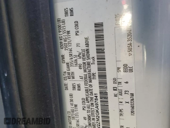 2016 Ford Transit with VIN 1FTBW2ZM2GKA97841, listed as a Copart auction lot 88769345 with 284,631 mi miles and Non Repairable. Bid and sale history available at DreamBid. Image 12.