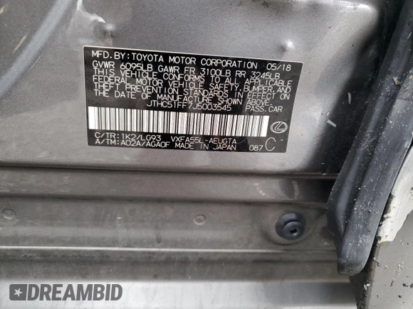 2018 Lexus LS 500 with VIN JTHC51FF7J5003545, listed as a Copart auction lot 43727705 with Not provided miles and Salvage title. Bid and sale history available at DreamBid. Image 14.