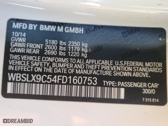 2015 BMW M6 with VIN WBSLX9C54FD160753, listed as a Copart auction lot 83486484 with 80275 miles and Salvage Title. Bid and sale history available at carsss.com. Image 12.