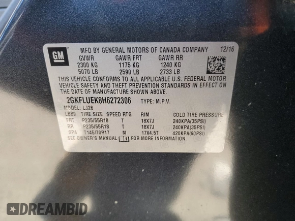 2017 GMC Terrain SLT with VIN 2GKFLUEK8H6272306, listed as a Copart auction lot 79822613 with 96,006 mi miles and Salvage Title. Bid and sale history available at carsss.com. Image 12.