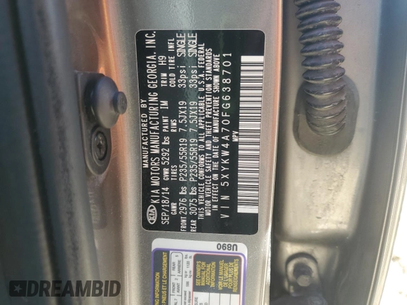 2015 Kia Sorento SX with VIN 5XYKW4A70FG638701, listed as a Copart auction lot 53567915 with 181,241 mi miles and Salvage title. Bid and sale history available at DreamBid. Image 13.
