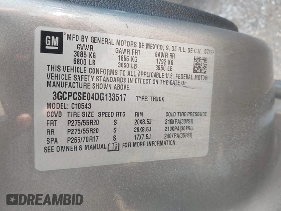 2013 Chevrolet Silverado 1500 LT with VIN 3GCPCSE04DG133517, listed as a IAAI auction lot 41580539 with 126,310 mi miles and . Bid and sale history available at DreamBid. Image 9.
