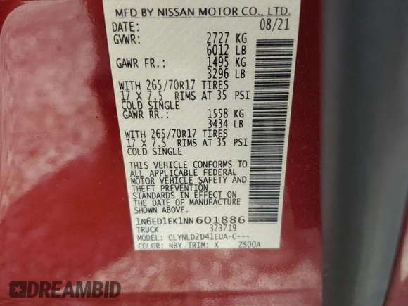 2022 Nissan Frontier Pro-4X with VIN 1N6ED1EK1NN601886, listed as a Copart auction lot 65182295 with 51,879 mi miles and Salvage title. Bid and sale history available at DreamBid. Image 12.