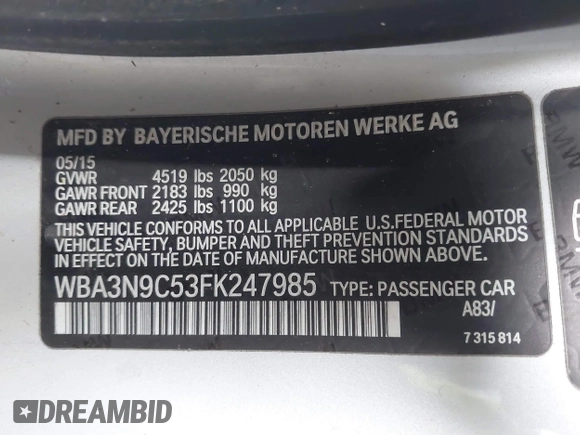 2015 BMW 4 Series 428i xDrive with VIN WBA3N9C53FK247985, listed as a IAAI auction lot 41395534 with 76,856 mi miles and . Bid and sale history available at DreamBid. Image 9.