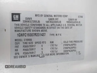 2007 Chevrolet Suburban LT with VIN 1GNFC16007R231427, listed as a IAAI auction lot 40995668 with 168,691 mi miles and . Bid and sale history available at DreamBid. Image 9.