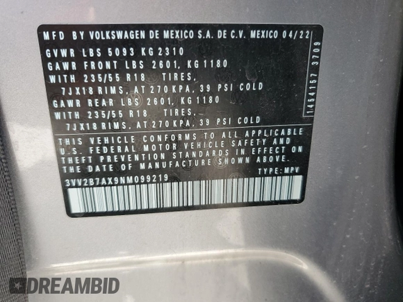 2022 Volkswagen Tiguan SE with VIN 3VV2B7AX9NM099219, listed as a Copart auction lot 63124545 with 39,860 mi miles and Salvage title. Bid and sale history available at DreamBid. Image 13.