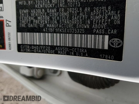 2014 Toyota Camry L with VIN 4T1BF1FK5EU325325, listed as a Copart auction lot 53080605 with 198,115 mi miles and Salvage Title. Bid and sale history available at carsss.com. Image 12.