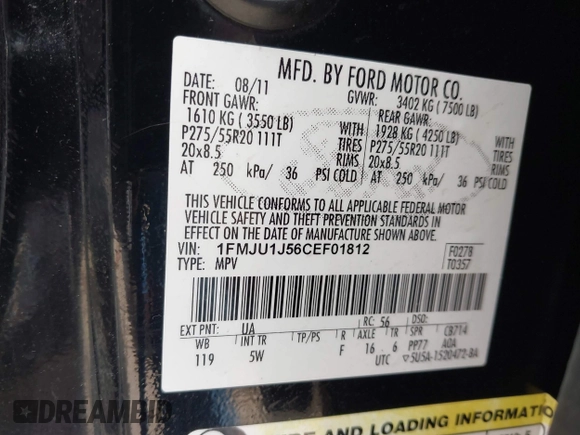 2012 Ford Expedition XLT with VIN 1FMJU1J56CEF01812, listed as a IAAI auction lot 42506606 with 243,650 mi miles and . Bid and sale history available at DreamBid. Image 9.