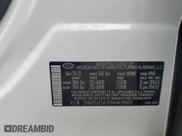 2022 Hyundai Santa Fe SEL z VIN 5NMS6DAJ0NH428003, wystawiony jako Copart lot #57133475 z przebiegiem 23 015 mil mil oraz Szkoda całkowita • Salvage title. Historia ofert i sprzedaży dostępna na DreamBid. Obrazek 12.