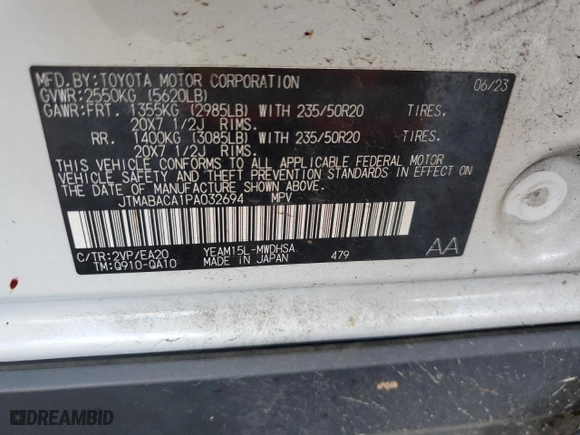 2023 Toyota bZ4X XLE with VIN JTMABACA1PA032694, listed as a Copart auction lot 87896965 with 23,142 mi miles and Salvage Title. Bid and sale history available at carsss.com. Image 14.
