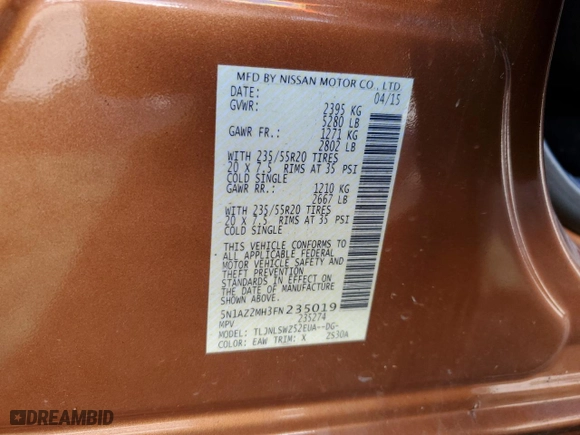 2015 Nissan Murano SL with VIN 5N1AZ2MH3FN235019, listed as a Copart auction lot 52046705 with 142,760 mi miles and Clean Title. Bid and sale history available at carsss.com. Image 13.