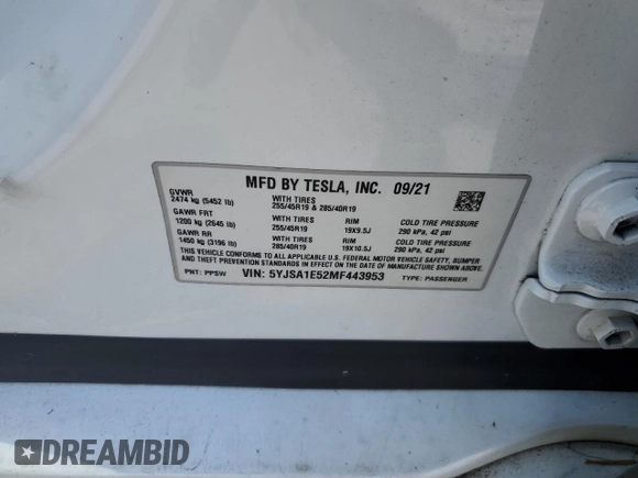 2021 Tesla Model S Long Range with VIN 5YJSA1E52MF443953, listed as a Copart auction lot 59838715 with 54,643 mi miles and Salvage title. Bid and sale history available at DreamBid. Image 12.