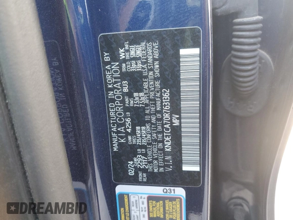 2024 Kia Seltos SX with VIN KNDETCA70R7631362, listed as a Copart auction lot 49338665 with 6,760 mi miles and Salvage title. Bid and sale history available at DreamBid. Image 14.