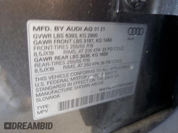 2021 Audi Q7 Premium with VIN WA1AJAF77MD029807, listed as a Copart auction lot 49939595 with 66,559 mi miles and Salvage title. Bid and sale history available at DreamBid. Image 14.