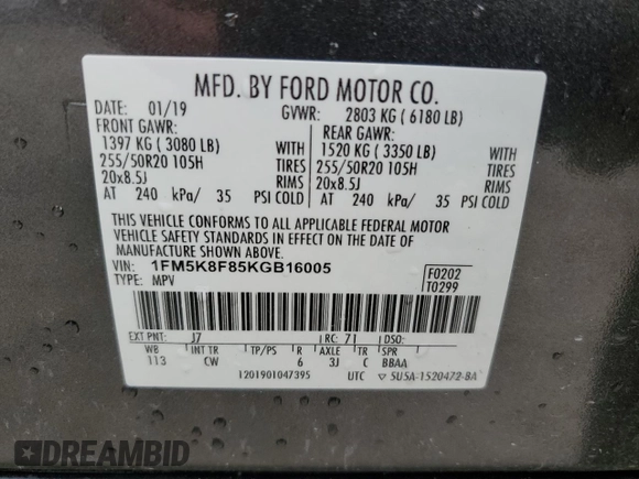 2019 Ford Explorer Limited with VIN 1FM5K8F85KGB16005, listed as a Copart auction lot 58965635 with 141,224 mi miles and Salvage title. Bid and sale history available at DreamBid. Image 13.