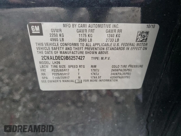 2011 Chevrolet Equinox LT w/1LT with VIN 2CNALDEC9B6257427, listed as a Copart auction lot 54623305 with 192,842 mi miles and Salvage Title. Bid and sale history available at carsss.com. Image 13.
