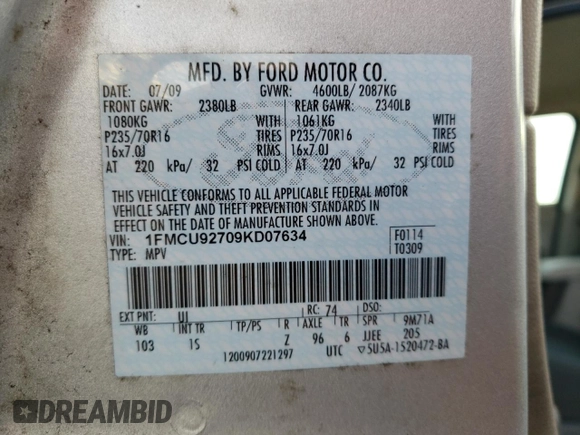 2009 Ford Escape XLS with VIN 1FMCU92709KD07634, listed as a Copart auction lot 42264585 with 155,108 mi miles and Clean title. Bid and sale history available at DreamBid. Image 13.
