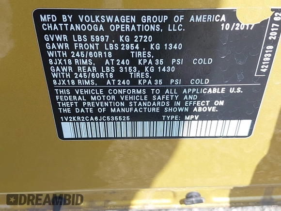 2018 Volkswagen Atlas SE with VIN 1V2KR2CA6JC535525, listed as a IAAI auction lot 41971141 with 62,514 mi miles and . Bid and sale history available at DreamBid. Image 9.