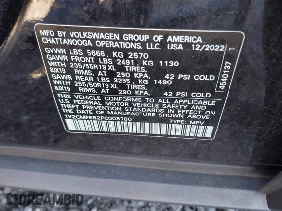 2023 Volkswagen ID.4 Pro with VIN 1V2CMPE82PC008780, listed as a IAAI auction lot 40726231 with 22,820 mi miles and . Bid and sale history available at DreamBid. Image 9.