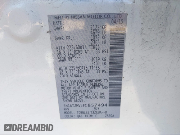 2015 Nissan Rogue SV z VIN 5N1AT2MV5FC857494, wystawiony jako IAAI lot #42198139 z przebiegiem 110 369 mil mil oraz . Historia ofert i sprzedaży dostępna na DreamBid. Obrazek 9.