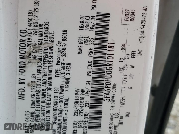2016 Ford Fusion SE with VIN 3FA6P0HD0GR101181, listed as a Copart auction lot 55989655 with 109,862 mi miles and Salvage title. Bid and sale history available at DreamBid. Image 13.