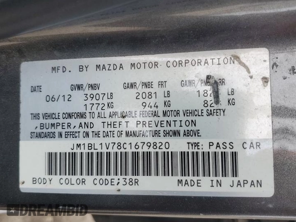 2012 Mazda 3 i Touring with VIN JM1BL1V78C1679820, listed as a Copart auction lot 44574495 with 138,724 mi miles and Salvage Title. Bid and sale history available at DreamBid. Image 13.